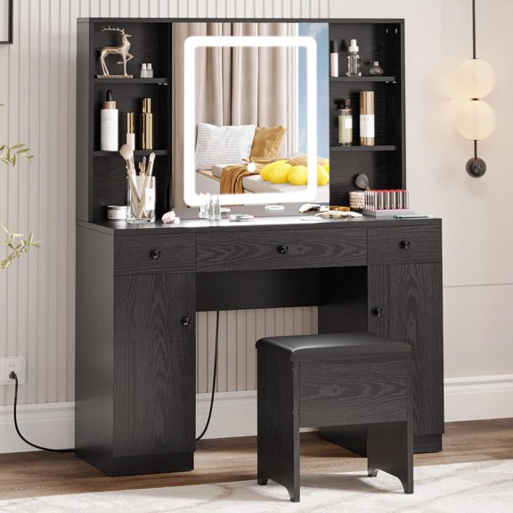 Vanity Desk Set with Large LED Lighted Mirror & Power Outlet, 7 Drawers Vanities Dressing Makeup Table with Storage Bench, for Bedroom, Industrial Style Black