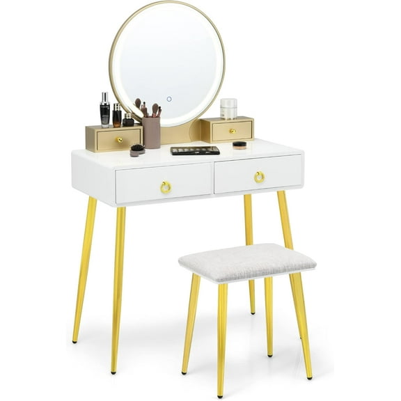 Vanity Desk Set with Lighted Mirror, Dressing Table with 3 Color Lighting Modes & 4 Jewelry Storage Drawers, Makeup Vanity Table with Cushioned Stool for Girl Women (White & Golden)