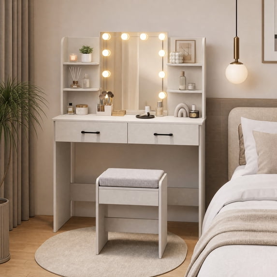 Vanity Desk Set with Mirror and Lights, Makeup Vanity Table with 2 Large Drawers& Charging Station, Modern Vanity Dressing Table with Stool for Bedroom, White