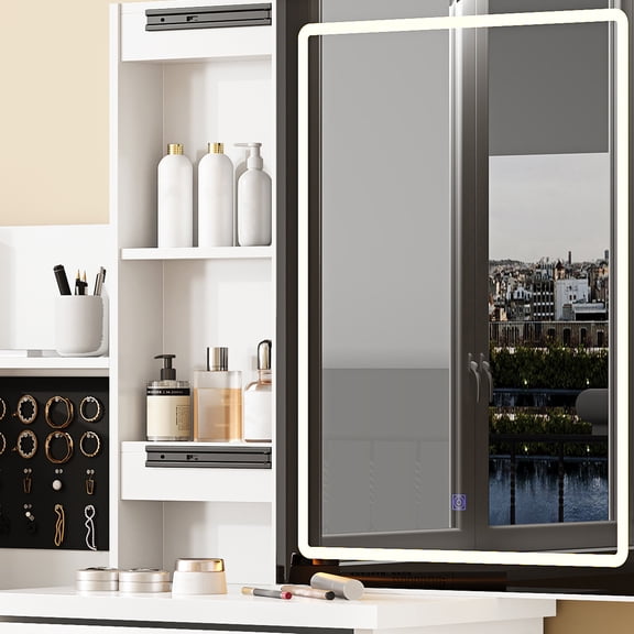 Vanity Desk Set with Sliding Lighted Mirror, 4 Drawers & 9 Storage Spaces, Hidden Compartments, Cushioned Stool, White MDF Beauty Furniture for Bedroom