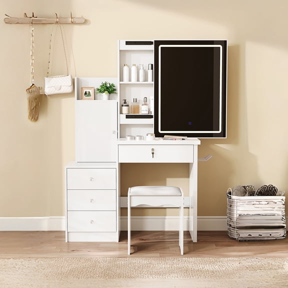 Vanity Desk Set with Sliding Lighted Mirror, Makeup Dressing Table with 4 Drawers & 9 Storage Spaces, Hidden Compartments and Cushioned Stool, White Beauty Furniture for Bedroom