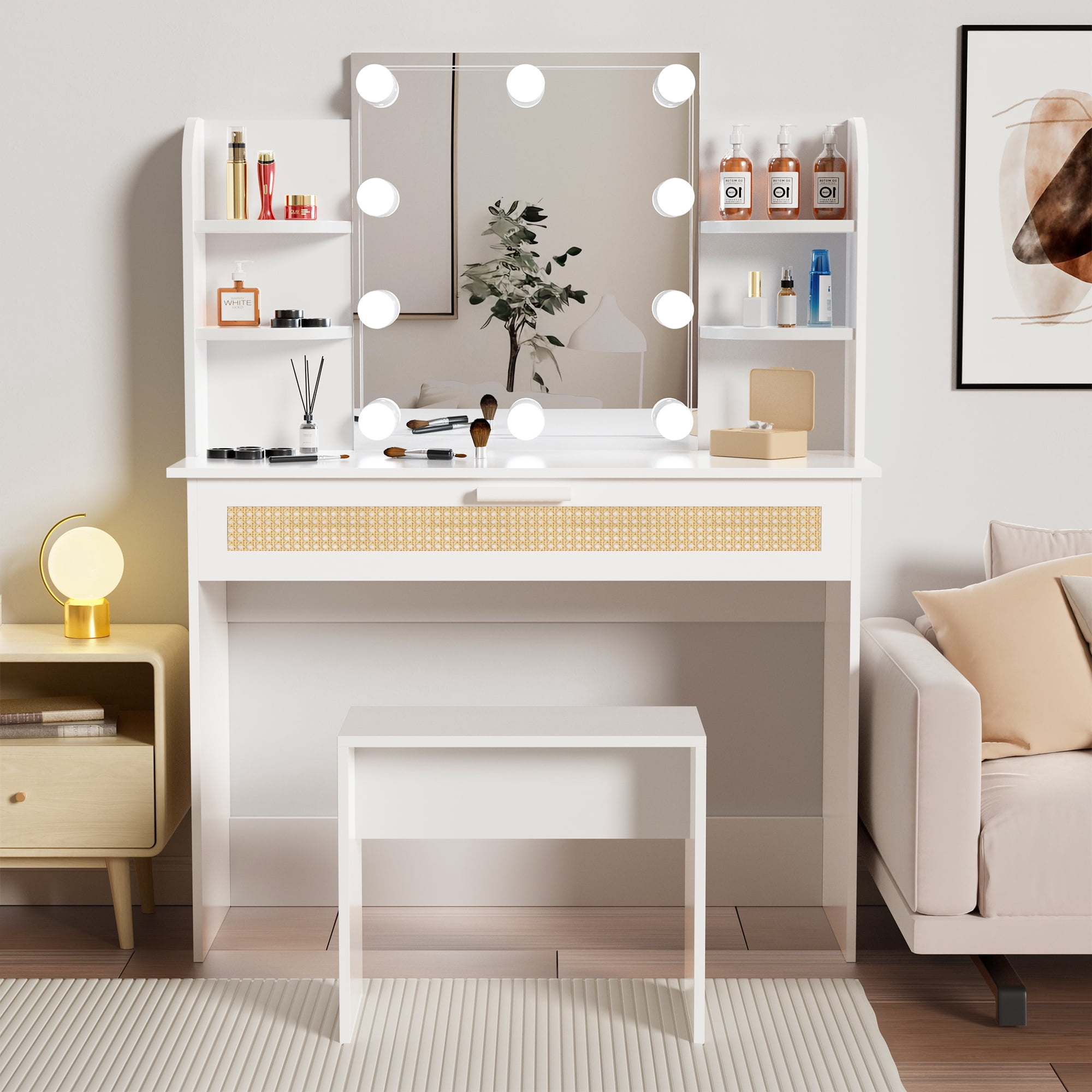 Vanity Desk Set Stool & Dressing Table with LED Lighting Mirror Drawer
