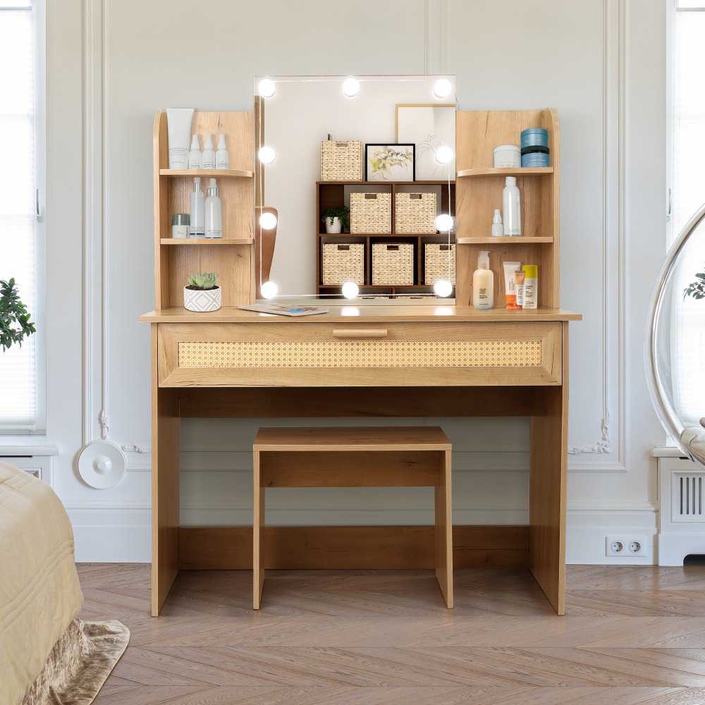 Vanity Desk Set Stool & Dressing Table with LED Lighting Mirror Drawer