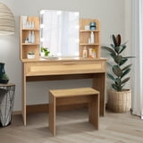 Vanity Desk Set Stool & Dressing Table with LED Lighting Mirror Drawer and Compartments Modern Wood Cosmetic Table Chest of Drawers Nature Color