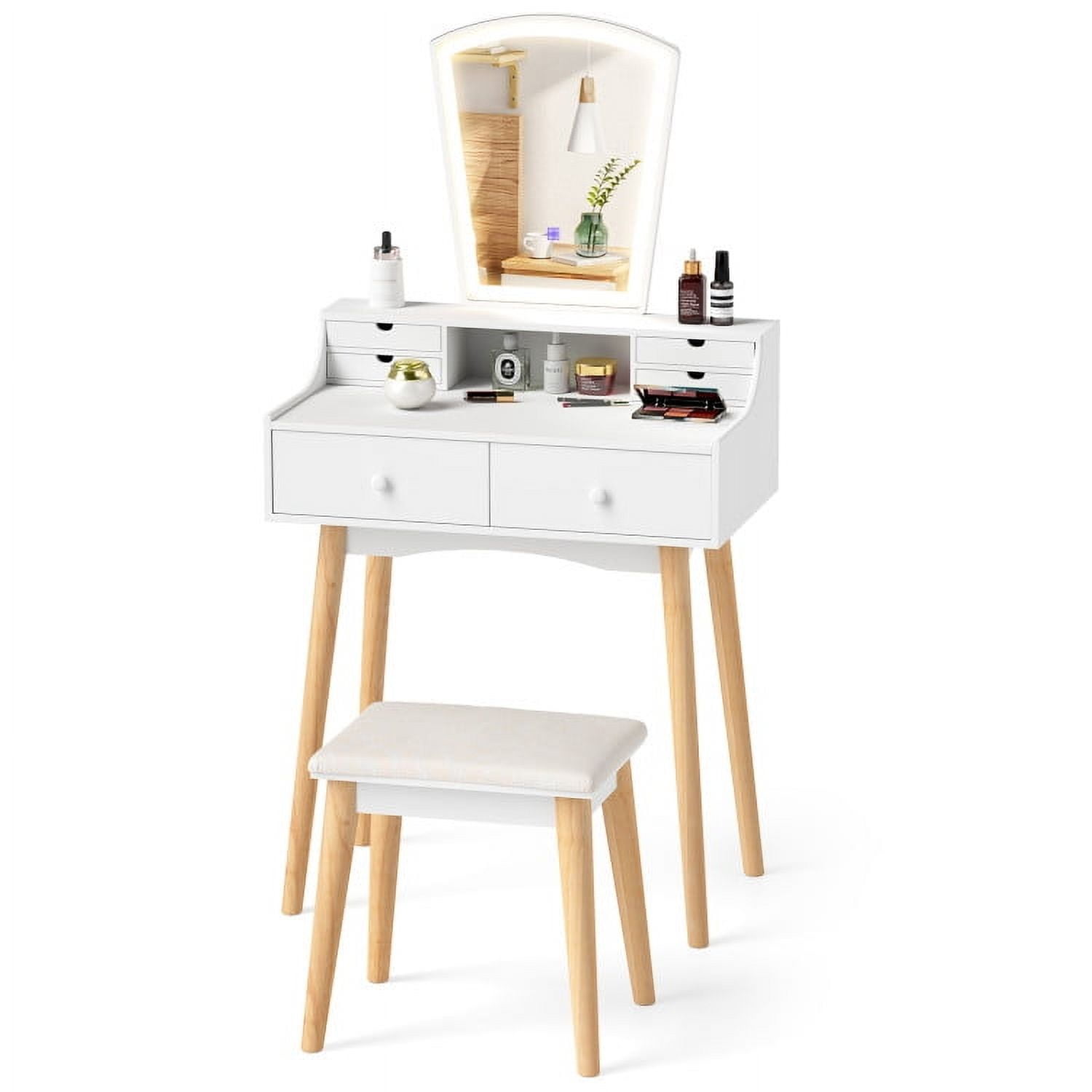 White Pine Wood Vanity Desk Set with LED Mirror and Stool