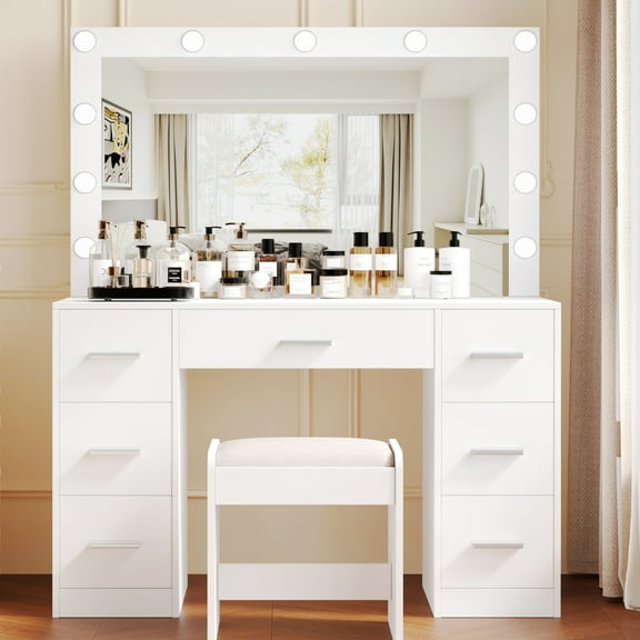 Vanity Desk Set with 3 Color Adjustable Lighted Large Mirror & Cushioned Stool, Bedroom Dressing Table with 7 Drawers