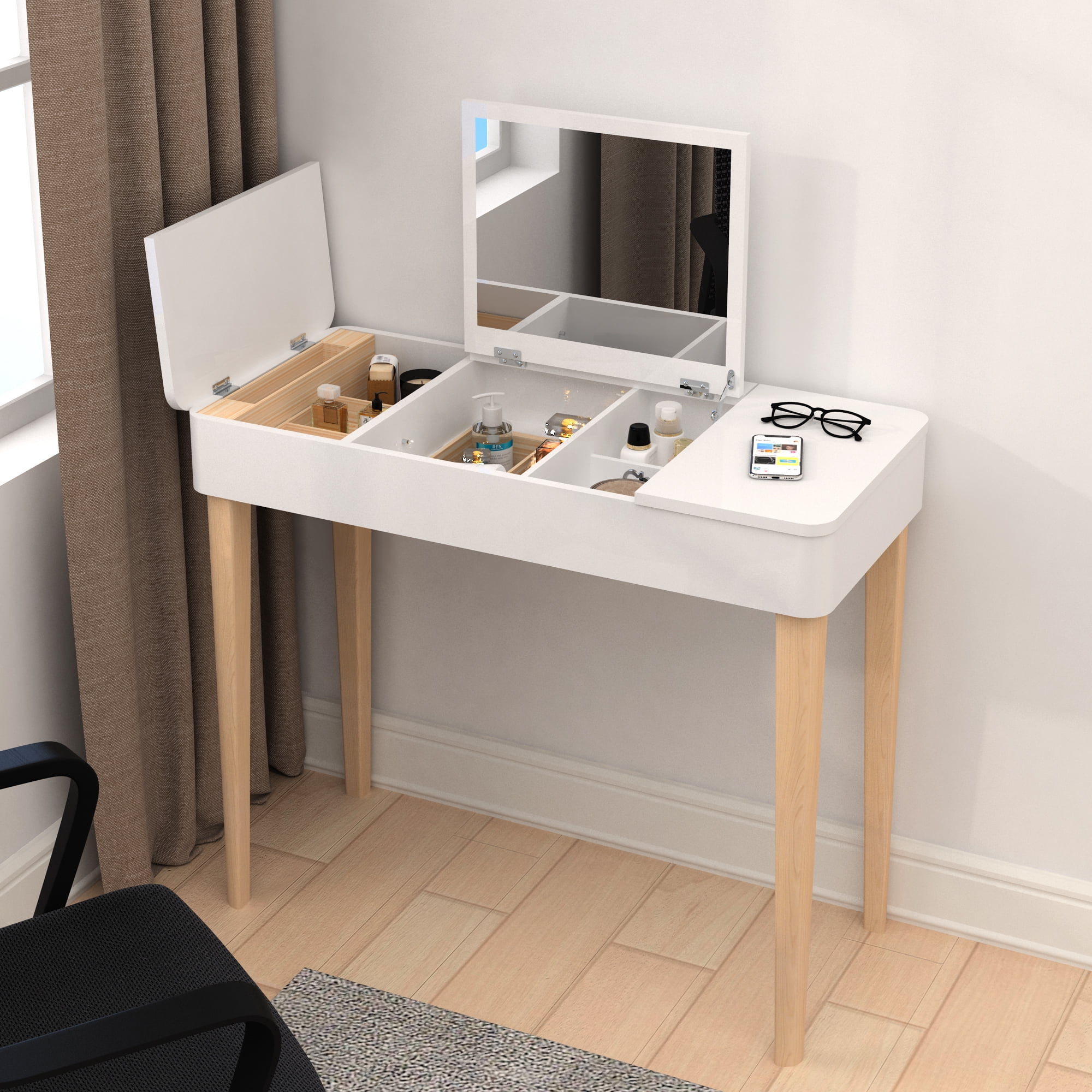Vanity Desk Set with Flip Top Mirror Wooden Makeup Dressing Table with Double Door Compartment Writing Desk for Bedroom Bathroom