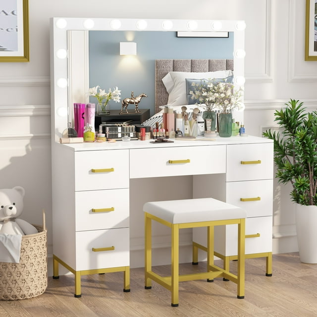 Aousthop White Vanity Desk Set with LED Mirror, Power Outlet, 7-Drawer ...