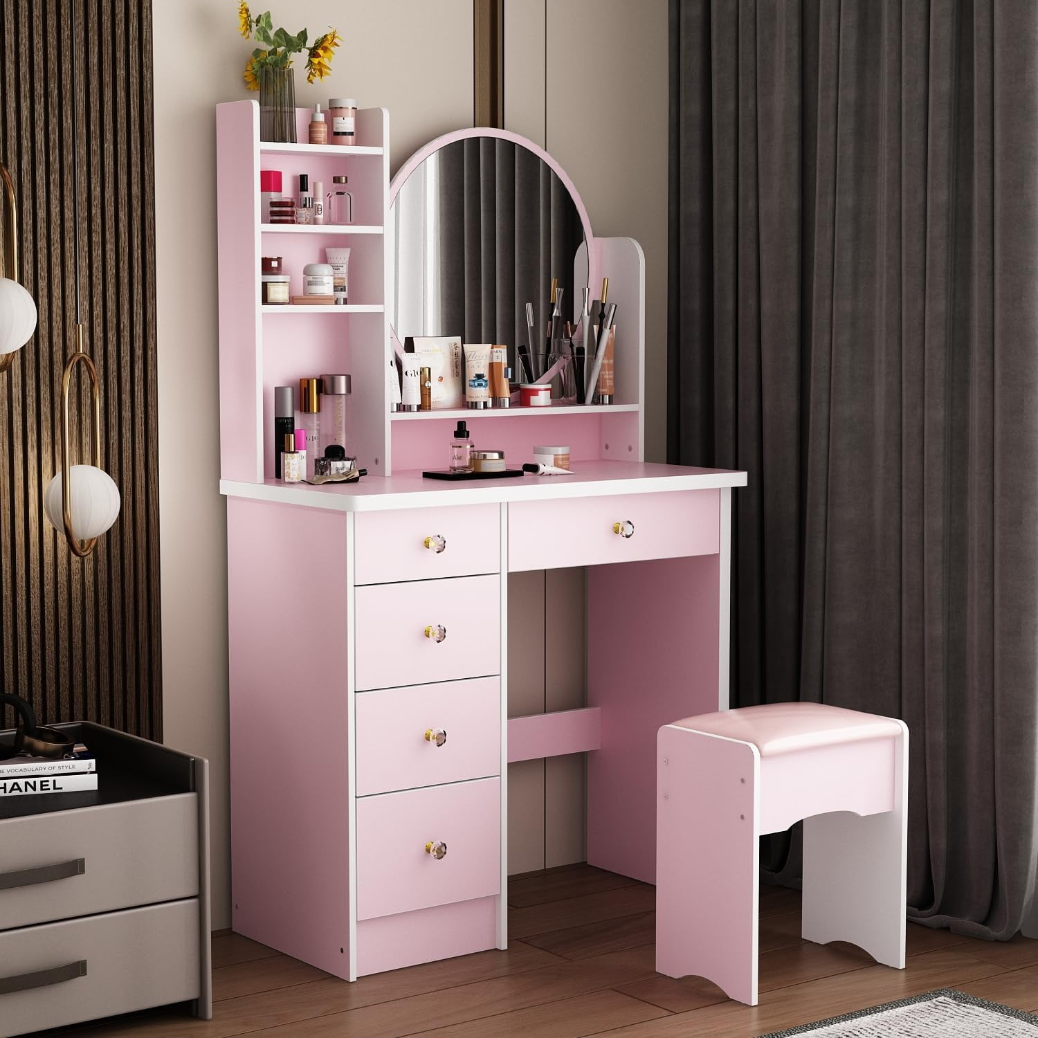 Vanity Desk Set with LED Lighted Round Mirror Dressing with 5 Drawers