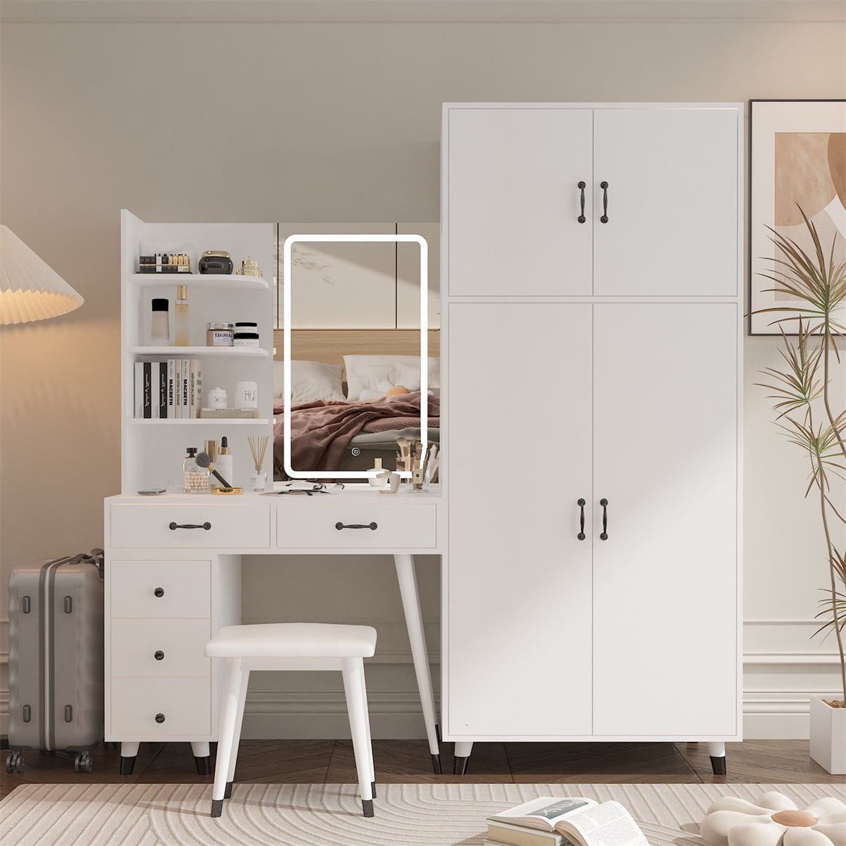 White Vanity Dresser Set with Large Armoire LED Mirror Power Outlets 4 Door Cabinet 5 Drawers Walmart