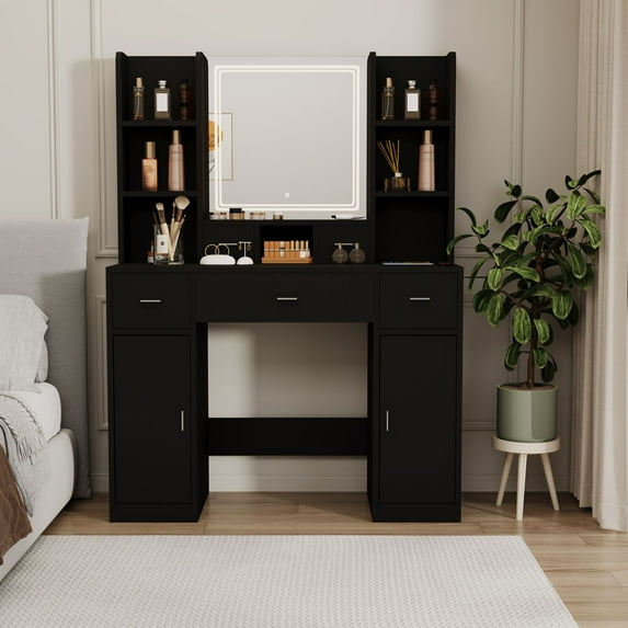 Vanity Desk Set with Large LED Lighted Mirror & Charging Station, Lots Storage Shelves Makeup Table for Bedroom Black