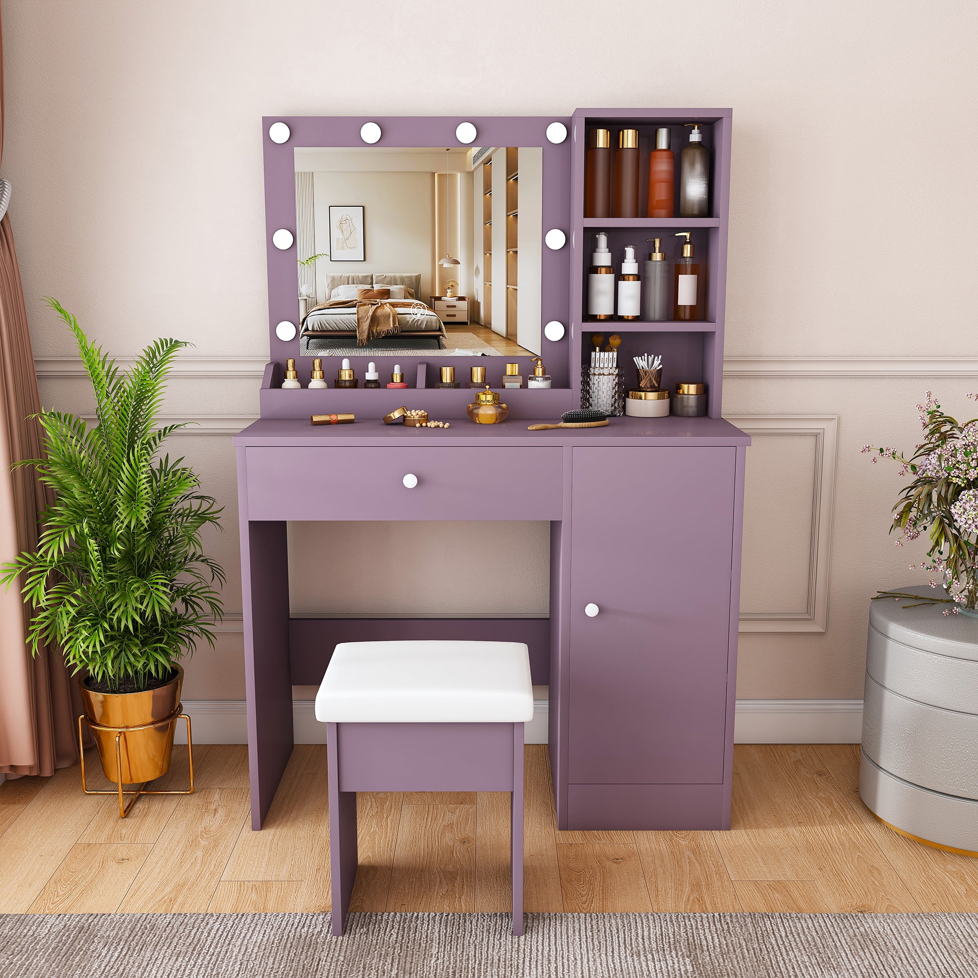 Vanity Desk Set with Padded Stool & Adjustable Lighted Mirror (Round Bulbs, 3 Color Modes), Modern Bedroom Makeup Vanity Desk Combo, Purple