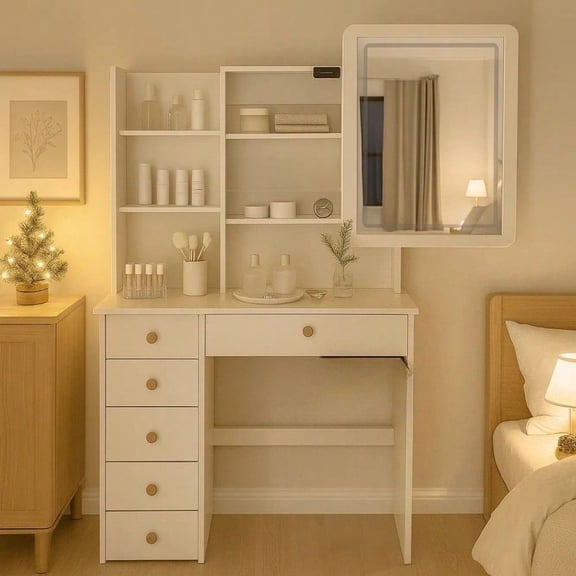 Vanity Desk with Sliding Mirror and Light, Dressing Table with 6 Drawers and Open Storage Rack, Tri Color Adjustable Lighting, Modern Large Capacity Dressing Table, Christmas Gift