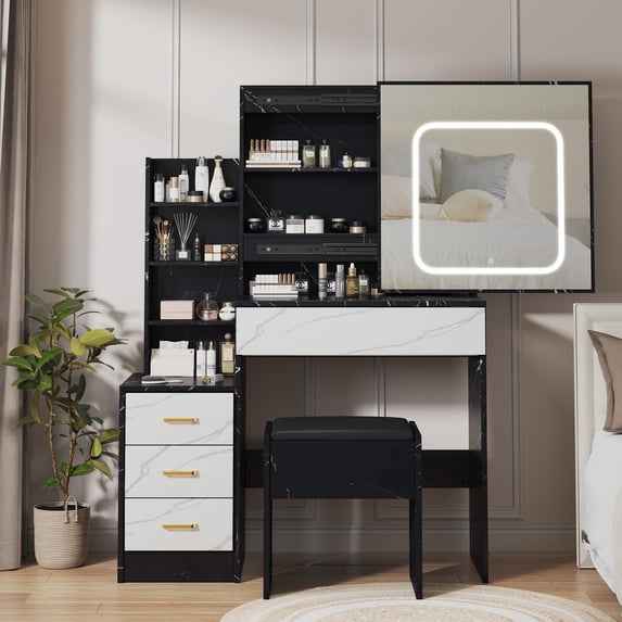 Vanity Desk with Sliding Mirror & Lights, Makeup Vanity Set with Charging Station 4 Drawers 7 Shelves, Large Vanity Set with Cushioned Stool for Bedroom, Black White