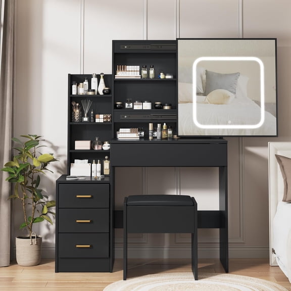 Vanity Desk with Sliding Mirror & Lights, Makeup Vanity Set with Charging Station 4 Drawers 7 Shelves, Large Vanity Set with Cushioned Stool for Bedroom, Black