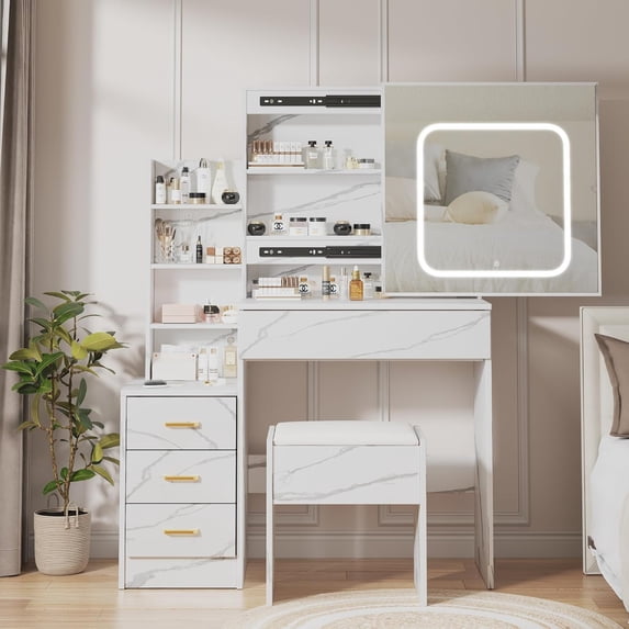 Vanity Desk with Sliding Mirror and Lights, Makeup Vanity Set with Power Outlet, 4 Drawers, Stool, Open Shelves, 5 Color Lighting Modes, Brightness Adjustable, Dressing Table for Bedroom