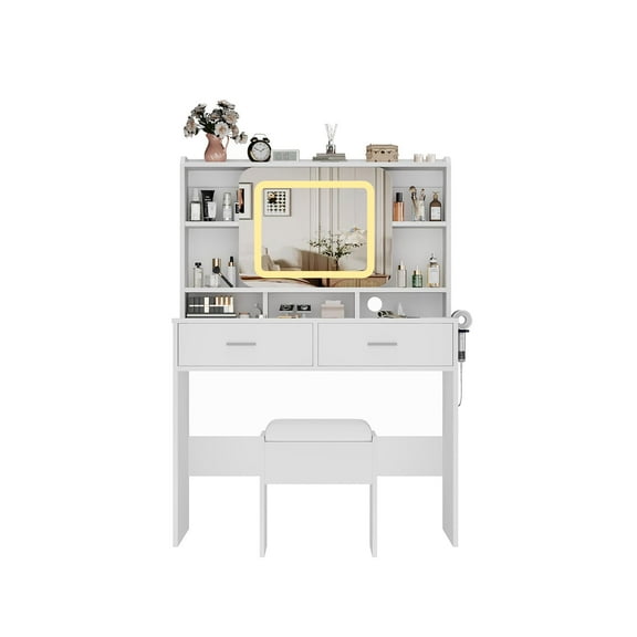 Vanity Desk with Sliding Mirror, Modern Makeup Vanity with Charging Station, 2 Drawer and Soft Cushioned Stool, 3 Lighting Modes Adjustable Dressing Table for Bedroom, Makeup Studio