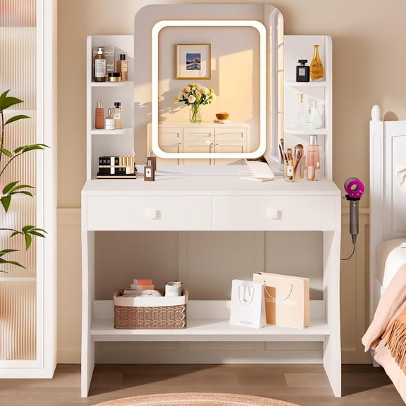 Vanity Desk with Smart LED Mirror, Makeup Vanity Table with Charging Station & Large Storage Drawers, Modern Makeup Vanity Set for Bedroom, White Dressing Table for Girls & Women