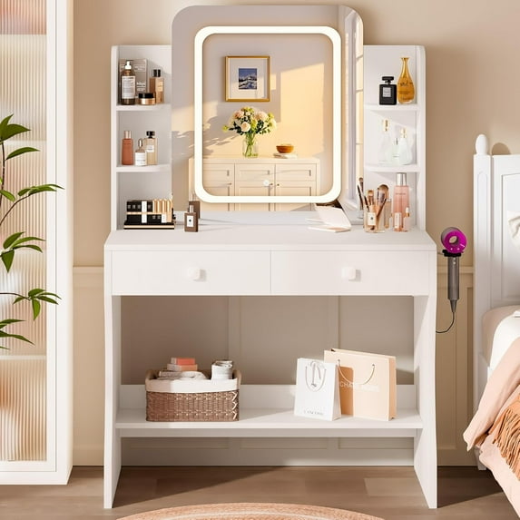 Vanity Desk with Smart LED Mirror Set of 2, Makeup Vanity Table with Charging Station & Large Storage Drawers, Modern Makeup Vanity Set for Bedroom, White Dressing Table for Girls & Women