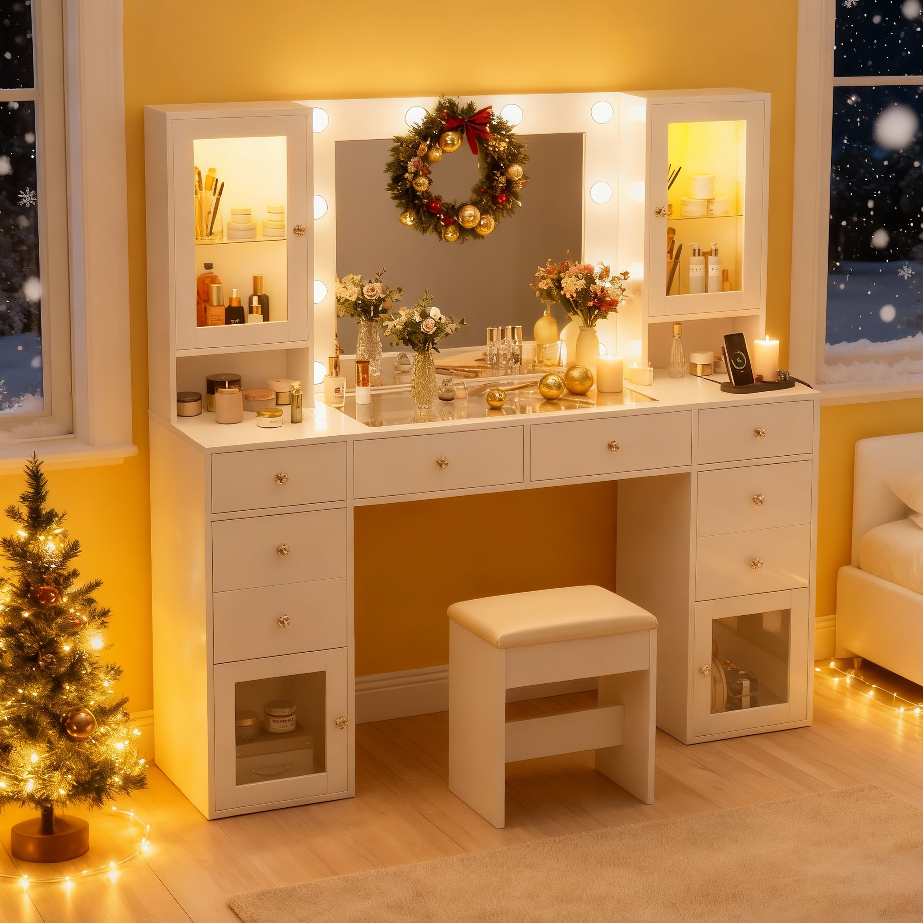 Vanity Desk Table with Lighted Mirror 55“ Girls Makeup Vanity with Power Outlet 3 Colors Lighting Adjustable Brightness Vanity Table for Women Bedroom Dressing Room White