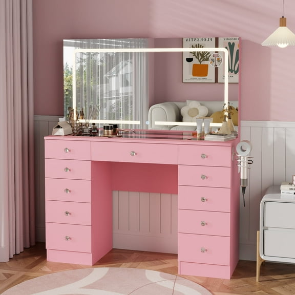Vanity Desk with Tempered Glass top and Mirror and Lights,11 Drawers Makeup Vanity Desk, Vanity with 3 Adjustable Lighting Modes and Magnetic 5X Magnifier for Bedroom,Pink