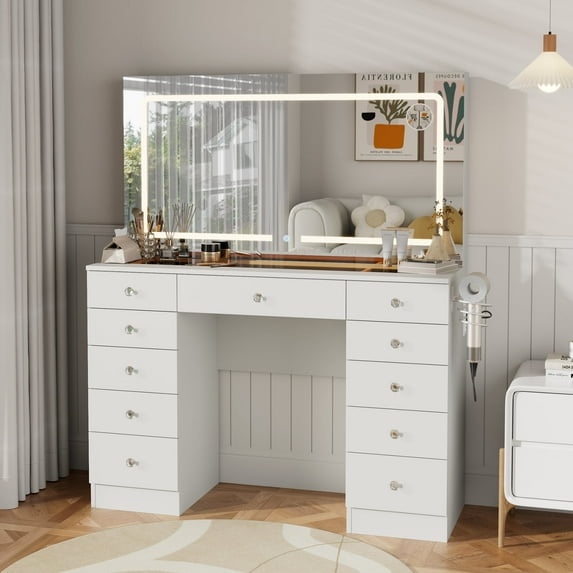 Vanity Desk with Tempered Glass top and Mirror and Lights,11 Drawers Makeup Vanity Desk, Vanity with 3 Adjustable Lighting Modes and Magnetic 5X Magnifier for Bedroom,White