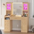 thumbnail image 1 of Vanity Desk with Touch Screen Mirror and Lights & Charging Station, Makeup Vanity with LED Light Cabinets, 6 Drawers, 5 Jewelry Hooks, Vanity Table with Lighted Mirror, Oak, 1 of 9