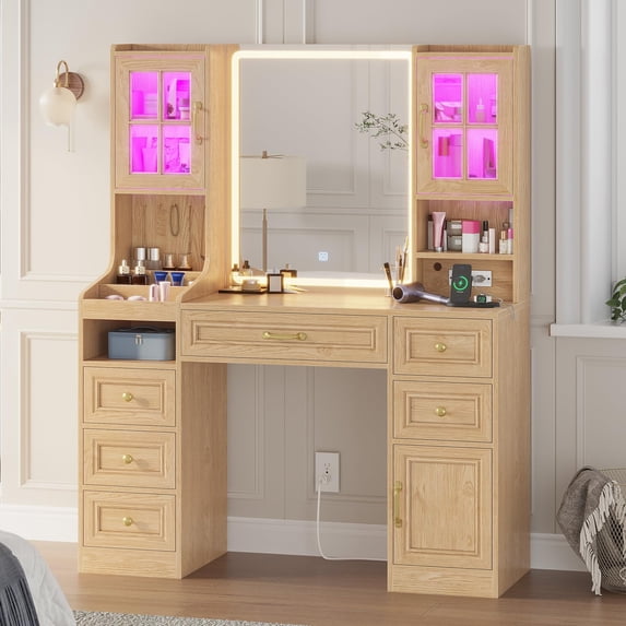 Vanity Desk with Touch Screen Mirror and Lights & Charging Station, Makeup Vanity with LED Light Cabinets, 6 Drawers, 5 Jewelry Hooks, Vanity Table with Lighted Mirror, Oak