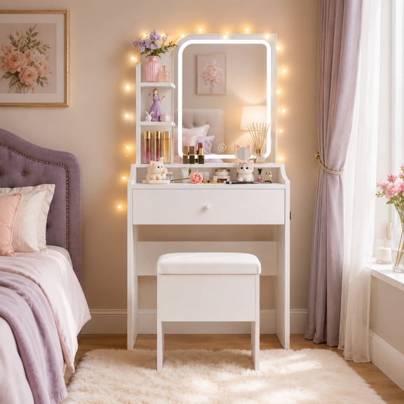 Vanity Desk With LED Mirror, Cream White Makeup Table With 2 Drawers for Bedroom