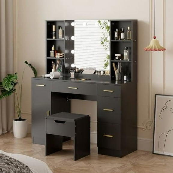 Vanity Desk With Led Lighted Mirror,Makeup Vanity With 10 Led Lights & 5 Metal Sliding Drawers, 3 Color Brightness Adjustable, Vanity Table With 6 Open Shelves, Dressing Table for Women Girls