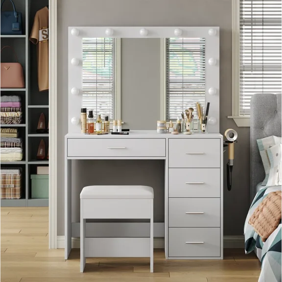 Vanity Desk With Power Outlet, Makeup Table With Lighted Mirror, 3-Color Adjustable Lighting, Drawers, Black Vanity Table Set For Women & Girls