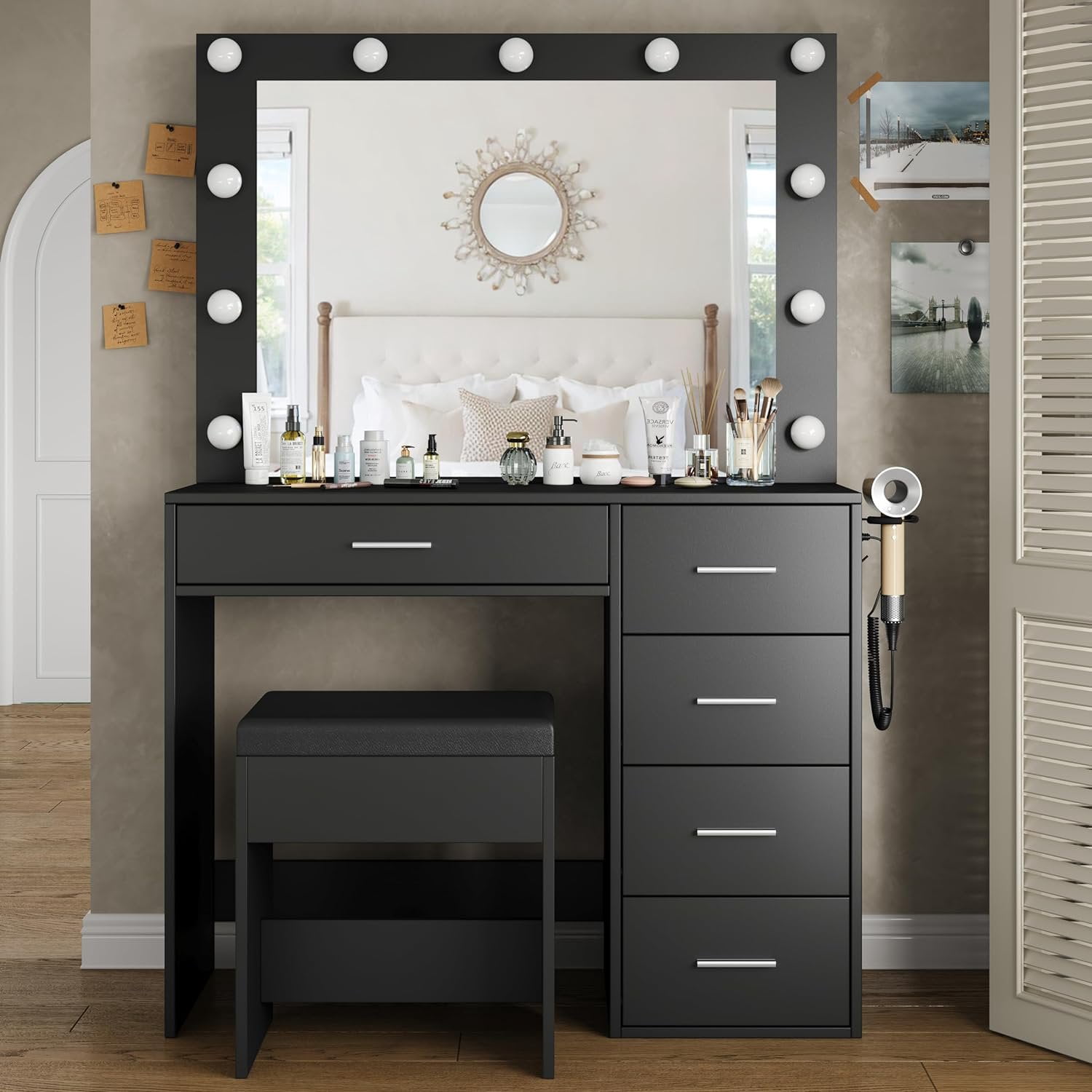 Vanity Desk With Power Outlet, Makeup Table With Lighted Mirror, 3-Color Adjustable Lighting, Drawers, Black Vanity Table Set For Women & Girls