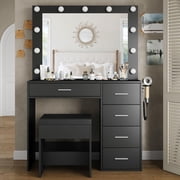 Vanity Desk With Power Outlet, Makeup Table With Lighted Mirror, 3-Color Adjustable Lighting, Drawers, Black Vanity Table Set For Women & Girls