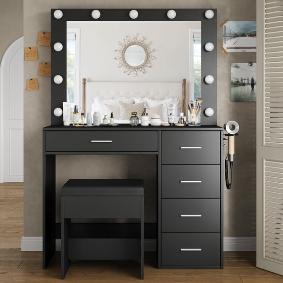 Vanity Desk With Power Outlet, Makeup Table With Lighted Mirror, 3-Color Adjustable Lighting, Drawers, Black Vanity Table Set For Women & Girls