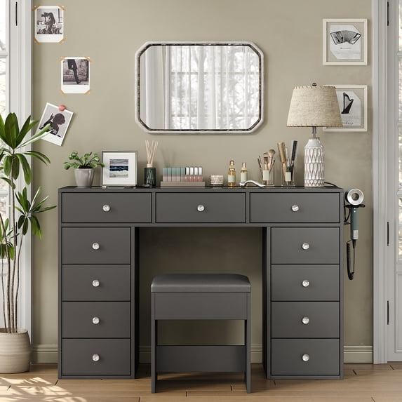 Vanity Desk Without Mirror, Makeup Vanity with 11 Drawers and Charging Station, White Vanity with Storage for Bedroom, Home Office Computer Desk for Bedroom, Black