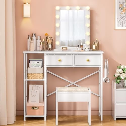 Vanity Desk Without Mirror, Makeup Vanity for Girls with 2 Fabric Drawers, Small Vanity Table with Iron Hook, 35 Inches Dressing Table with Storage, White$$Home Decor, Kitchen, & Other