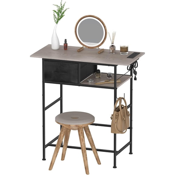 Vanity Desk Without Mirror, Makeup Vanity Table with Fabric Drawers and Hook, Simple Home Office Computer Desk with Power Outlet, Compact Makeup Desk for Girls Bedroom and Small Space, Brown