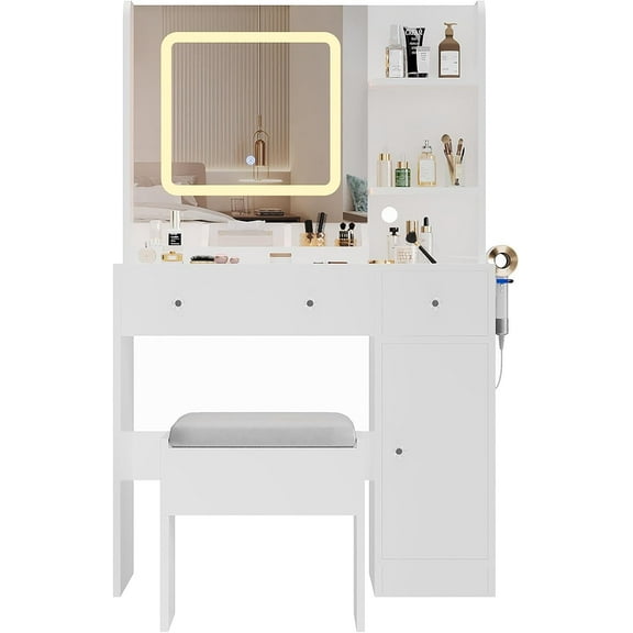 Vanity Desk and Stool with Mirror and Lights，Makeup Vanity with Charging Station, Drawers, Storage Shelves for Bedroom, White