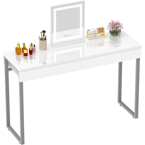 Vanity Desk with 2 Drawers,Glossy Desktop White Desk for Bedroom,Makeup Table with Storage Space,Small Desk for Home Office,(39 inch No Mirror)