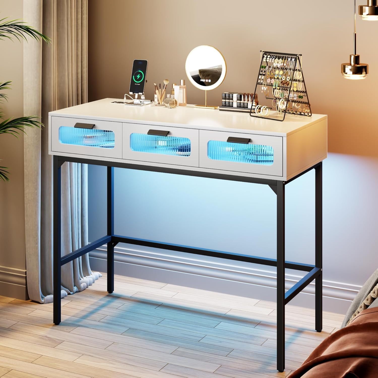Vanity Desk with 3 Color LED Lights, Makeup Vanity with with Human Body
