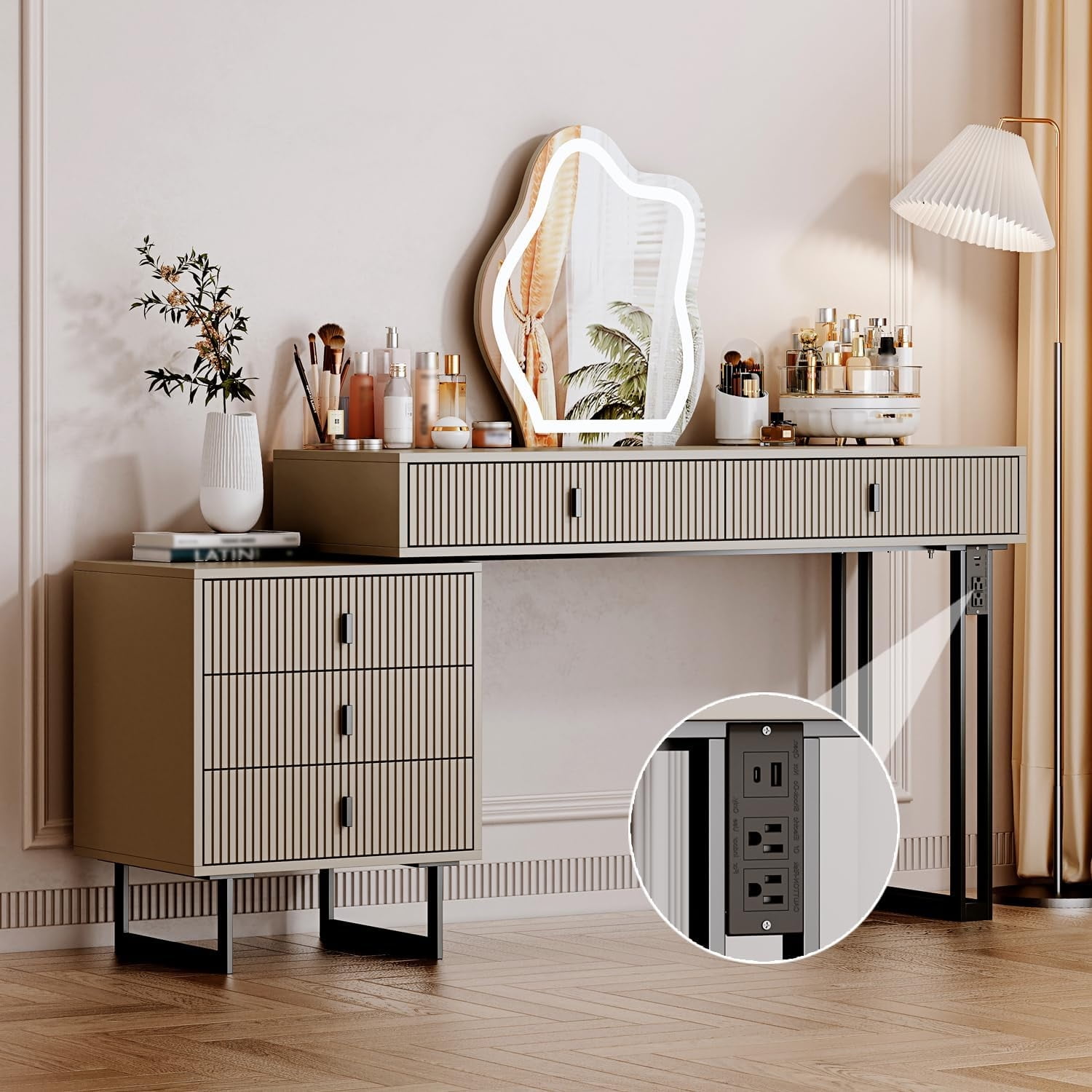 Vanity Desk with 3 Color Touch Screen Dimming Mirror Modern Dressing