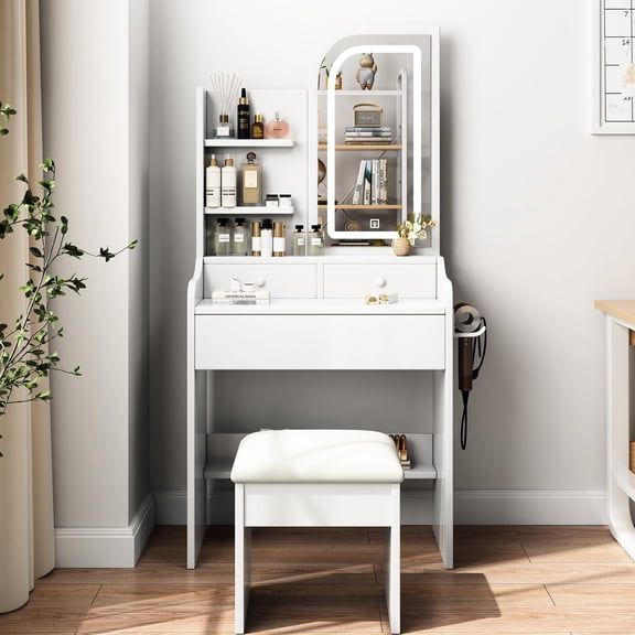 Vanity Desk with 3 Drawers and Multiple Storage / 3 - Color Lighting for Star - like Makeup