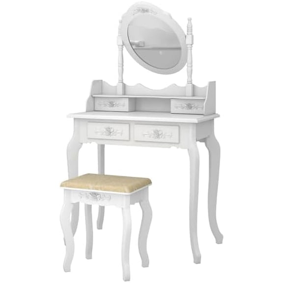 Vanity Desk with 360-degree Rotation Removable Mirror, 4-Drawer Makeup Dressing Table, Home Office Desks for Bedroom, Modern Concise Writing Desk