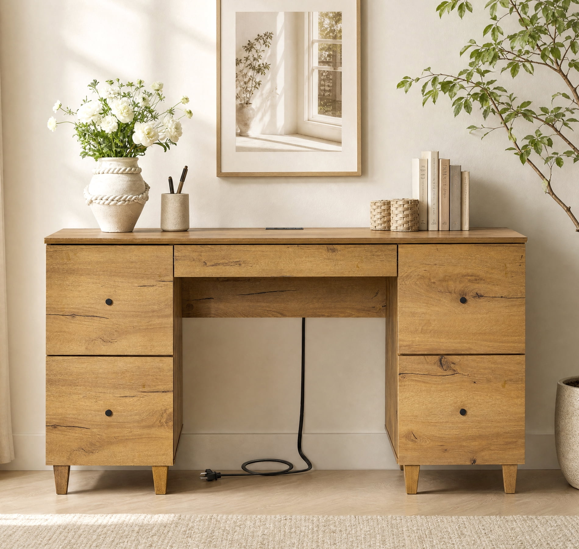 Vanity Desk with 5 Deep Storage Drawers, Modern Wood Makeup Dressing Table with Charging Station for Bedroom, Brown Wood, 58" W