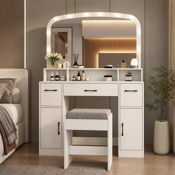 Vanity Desk with Arched Mirror and Lights,Makeup Vanity Table Set with Charging Station & Stool, Dressing Table with Storage Drawers & Cabinets,White