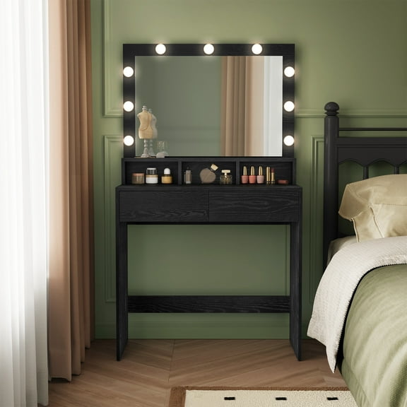 Vanity Desk with Dimmable LED Lights and Mirror Makeup Vanity Table Set with Drawer, Black