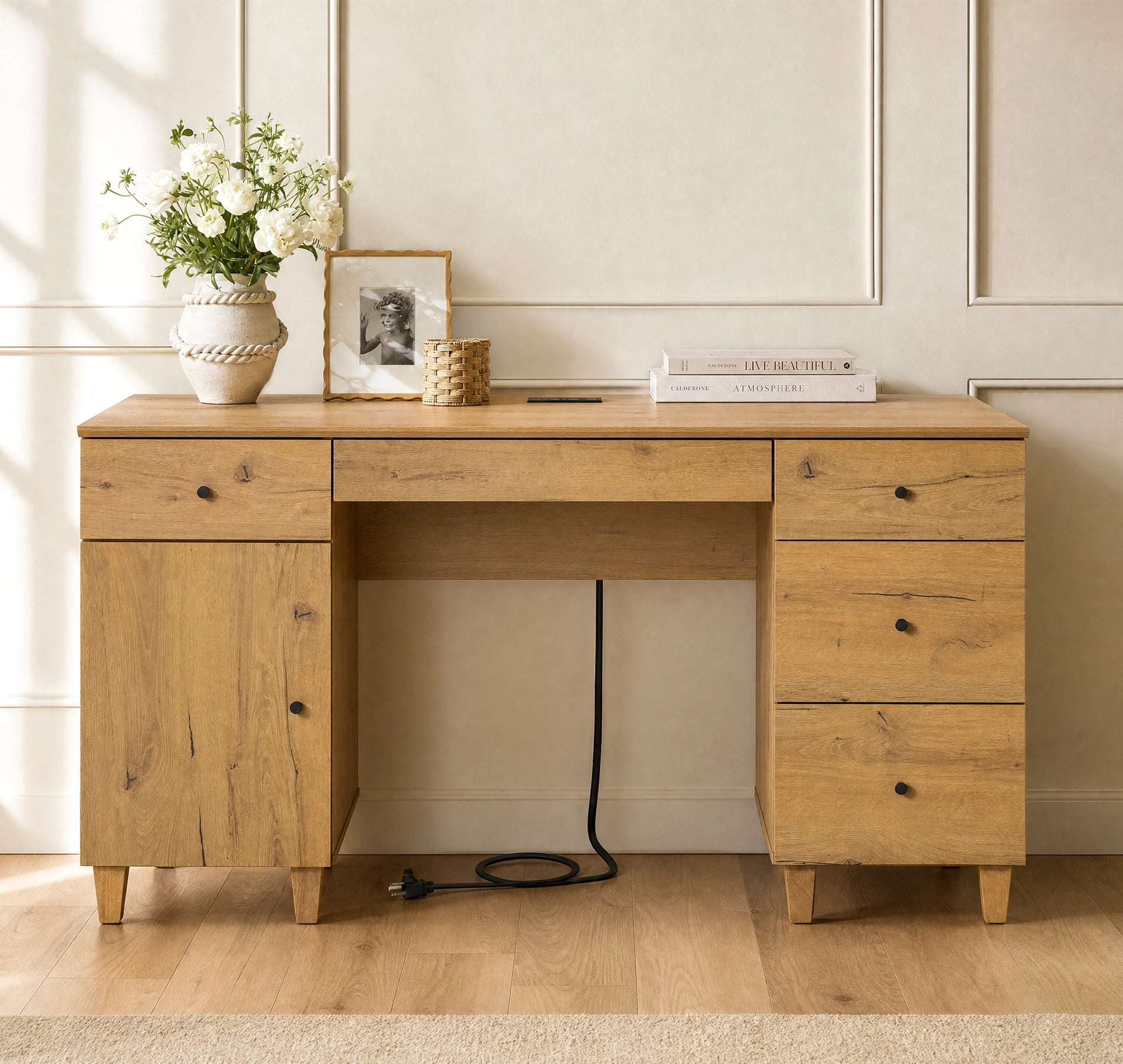 Vanity Desk with Drawers and Storage Cabinet, Modern Wood Makeup Dressing Table with Charging Station for Bedroom, Brown Wood, 58" W