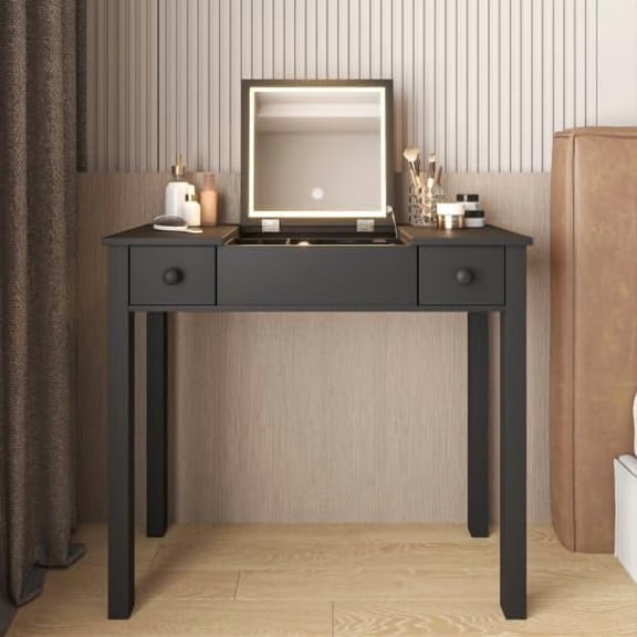 Vanity Desk with Flip-Top LED Lighted Mirror, Small Vanity Table with 2 Drawers, Black Makeup Desk with Storage for Bedroom