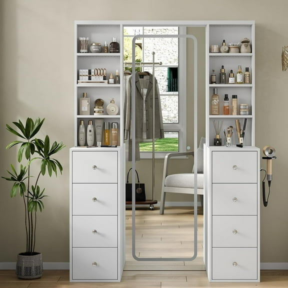 Vanity Desk with Full Length LED Mirror, 3 Lighting Modes, Makeup Vanity with Power Outlet, 8 Drawers Vanity Table , Makeup Table with Shelves