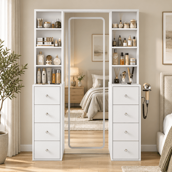 Vanity Desk with Full Length LED Mirror, 3 Lighting Modes, Makeup Vanity with Power Outlet, 8 Drawers Vanity Table , Makeup Table with Shelves